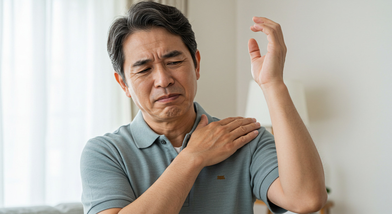 腕を上げる動作で肩に痛みを感じている中年男性。四十肩・五十肩による可動域制限のイメージ。