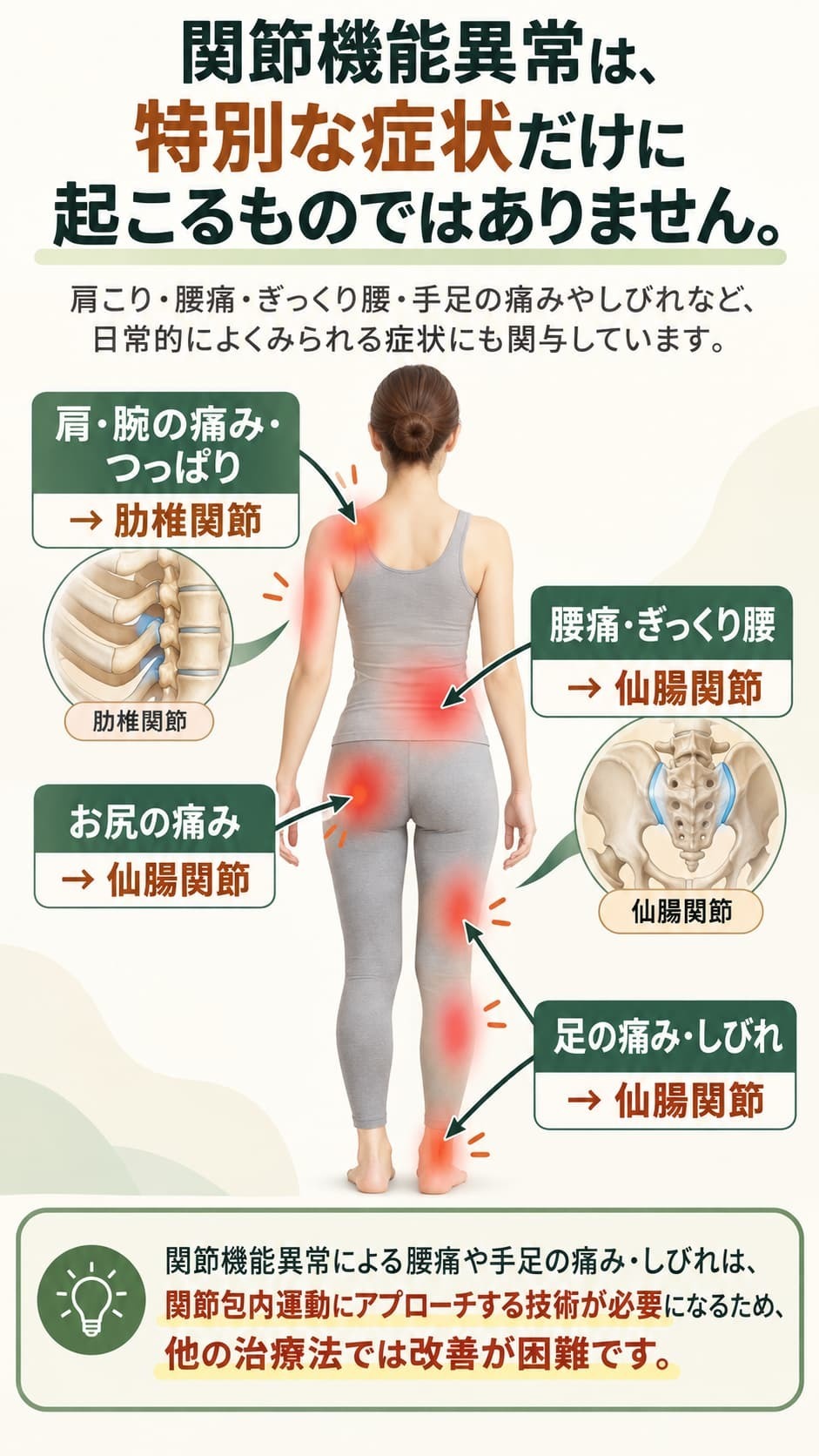 仙腸関節や肋椎関節の関節機能異常が、肩こり・腰痛・ぎっくり腰・お尻や手足の痛み・しびれなどに関与し、関節包内運動にアプローチする技術が必要なため、他の治療法では改善が困難であることを説明した図