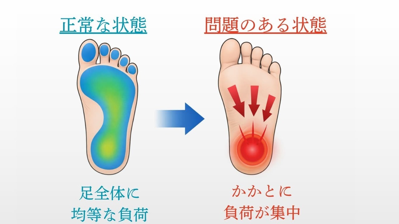足底の圧力分布の比較図。正常な状態では足裏全体に均等に負荷がかかるが、問題がある状態ではかかとに負担が集中している様子