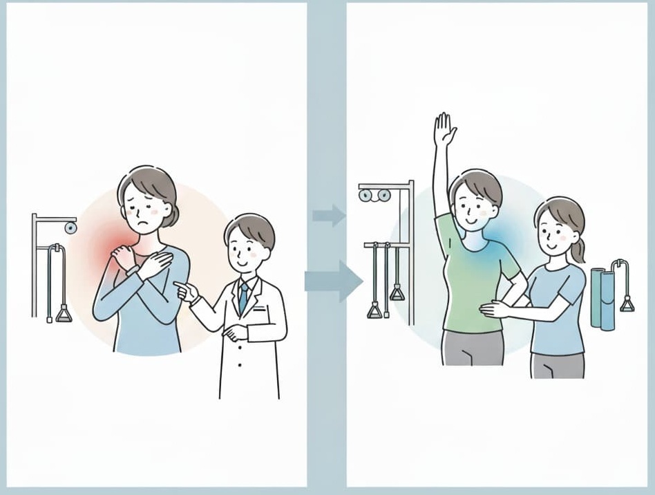 「左に肩の痛みを訴える女性と説明する医師、右に肩を上げて笑顔で動かす女性を描いたイラスト。四十肩・五十肩の『痛みを抑える時期』と『動きを戻す時期』の2段階を対比的に表現（姫路市・鍼灸整骨院一心堂）」