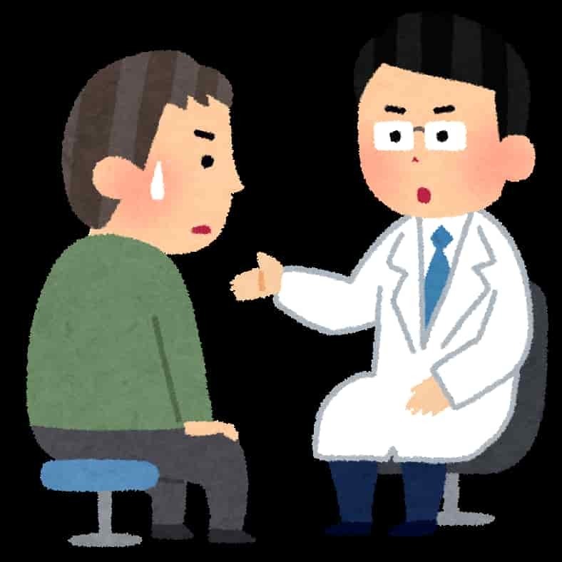 腰痛で医師の診察を受けているイラスト。しびれや排尿困難、発熱を伴う腰痛などは整骨院ではなく医療機関での検査・治療が必要です。