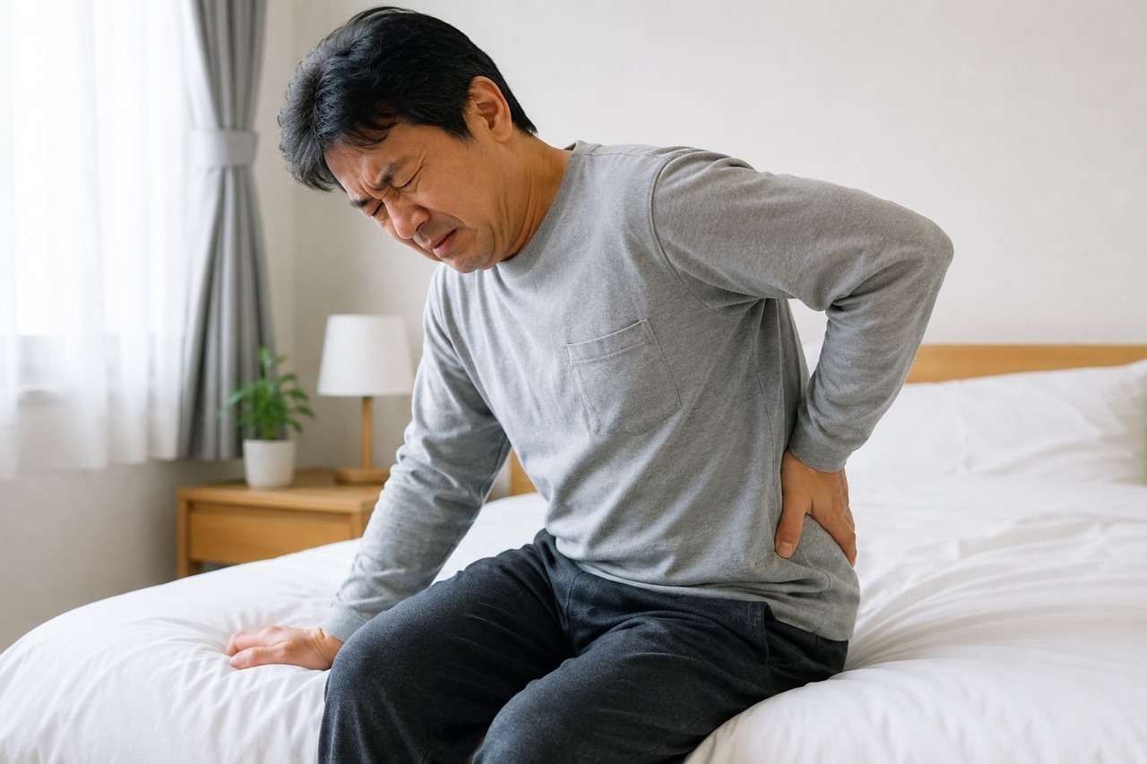朝起きる時に腰の痛みでつらそうに腰を押さえながらベッドから起き上がる男性のイメージ。