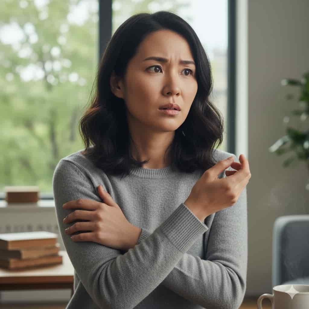 四十肩・五十肩で腕の動かしにくさや違和感を感じ、不安そうな表情で肩に手を添えている女性の写真。 痛みが落ち着いても肩が動かない状態（可動域制限）が残るケースを説明する内容に対応した画像（姫路市の鍼灸整骨院一心堂）。