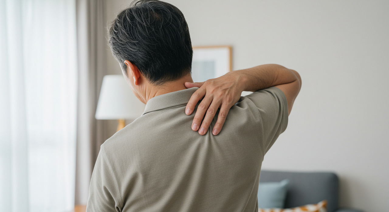 首から肩、肩甲骨周囲にこりや重だるさを感じている男性の後ろ姿。慢性的な肩こりのイメージ。