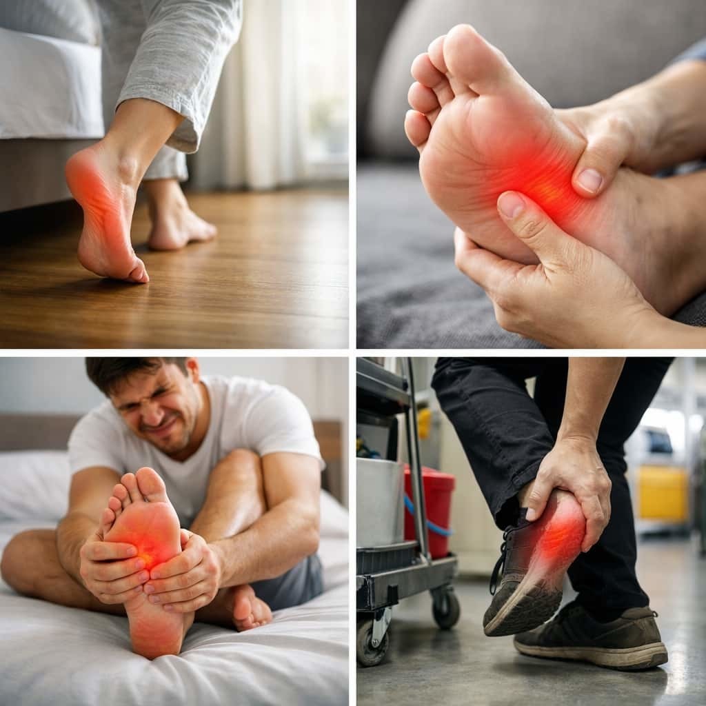 かかとや足裏の痛み（足底腱膜炎）で悩む様子を示したイメージ画像