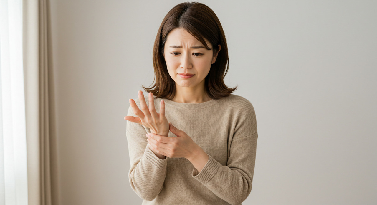 手のしびれを感じている40代の日本人女性