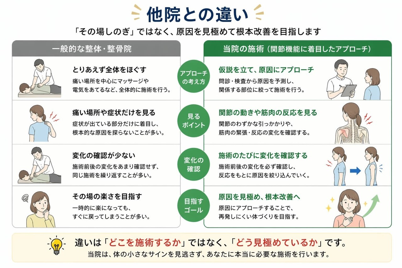 一般的な施術と比較し、仮説に基づく施術と変化の確認によって原因を見極める当院の進め方の違いを示した図
