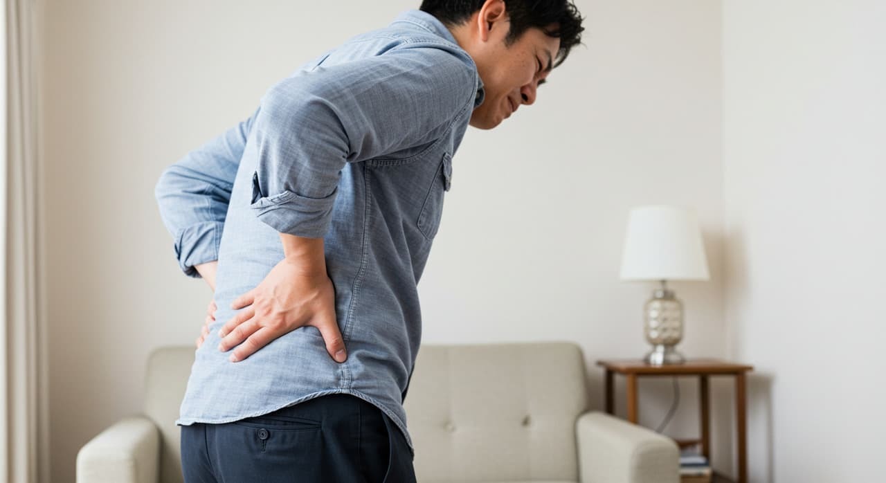 腰に手を当てて痛みを感じている男性。慢性的な腰痛や動作時の痛みを表すイメージ。