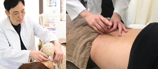 「姫路市の鍼灸整骨院一心堂で院長が患者に施術を行っている様子。首や腰に対して手技と鍼施術を行っている施術風景」