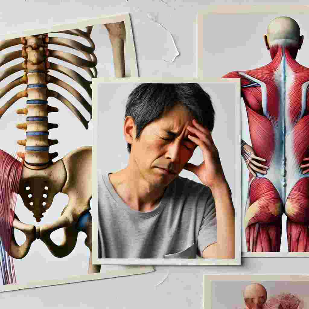 骨格模型と筋肉図、頭痛や腰痛に悩む男性のイメージ。仙腸関節の機能異常や筋肉の緊張・ストレスが腰痛の原因となることがあります。