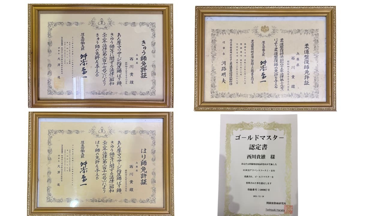 「姫路市の鍼灸整骨院一心堂 院長・西川貴雄の国家資格証明書と認定証。柔道整復師・はり師・きゅう師の国家資格、ならびにSCJM法認定施術者としての正式な資格証明を示す画像です。」