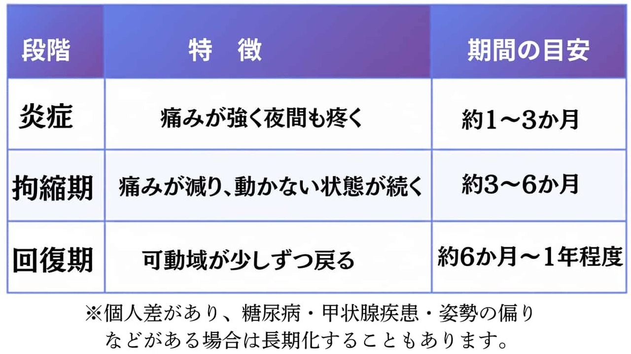 四十肩・五十肩の経過を示す表。炎症期・拘縮期・回復期の3段階に分かれ、各時期の特徴（痛み・可動域制限・回復）と期間の目安（約1〜3か月、約3〜6か月、約6か月〜1年程度）が整理されている（姫路市の鍼灸整骨院一心堂）。