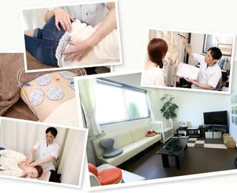 「交通事故後の腰痛や首の痛みなどの症状に対する施術や検査、問診、院内風景をまとめたイメージ写真。」