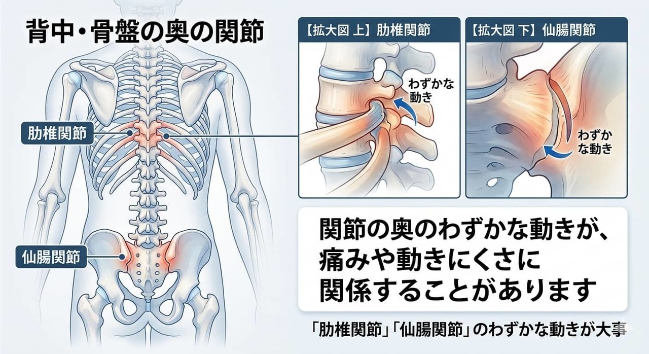 筋肉や姿勢だけでは説明しきれない痛みと関節の奥の動きについて説明するイメージ