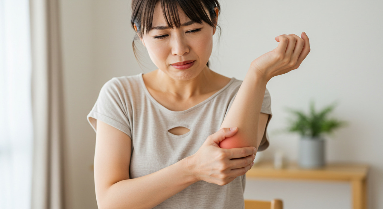 肘から前腕にかけて痛みを感じ、手で押さえている女性。物を持つ・ひねる動作で痛みが悪化する様子。テニス肘のイメージ