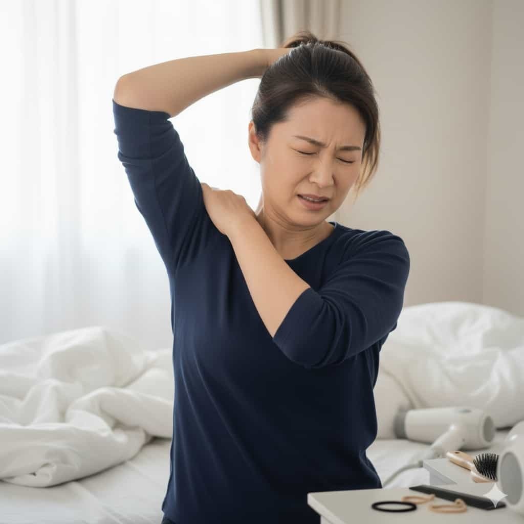 四十肩・五十肩の拘縮期に、髪を結ぶ動作で肩の痛みを感じる女性のイラスト（または写真）。 日常生活で悪化しやすい動作（着替え・洗髪・寝返りなど）を説明する内容に対応した画像（姫路市の鍼灸整骨院一心堂）。