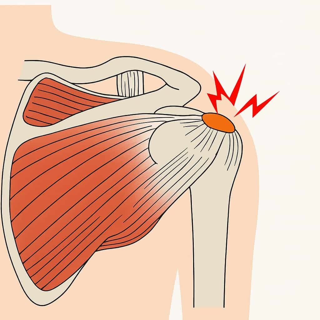 「石灰沈着性腱炎を示す肩のイラスト：腱板内に白い石灰が沈着し、炎症によって肩前面に強い痛みが生じている様子を表した図（姫路市・鍼灸整骨院一心堂）」