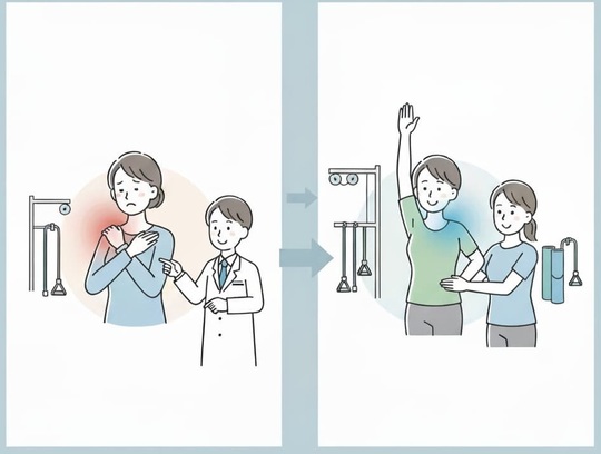 「左に肩の痛みを訴える女性と説明する医師、右に肩を上げて笑顔で動かす女性を描いたイラスト。四十肩・五十肩の『痛みを抑える時期』と『動きを戻す時期』の2段階を対比的に表現（姫路市・鍼灸整骨院一心堂）」