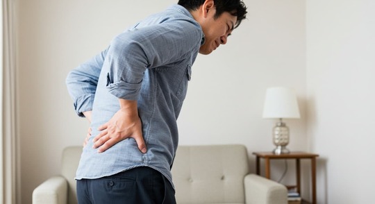「腰に手を当てて痛みをこらえる男性。立ち上がった瞬間に腰を痛めた様子を表す写真（腰痛・ぎっくり腰のイメージ）」