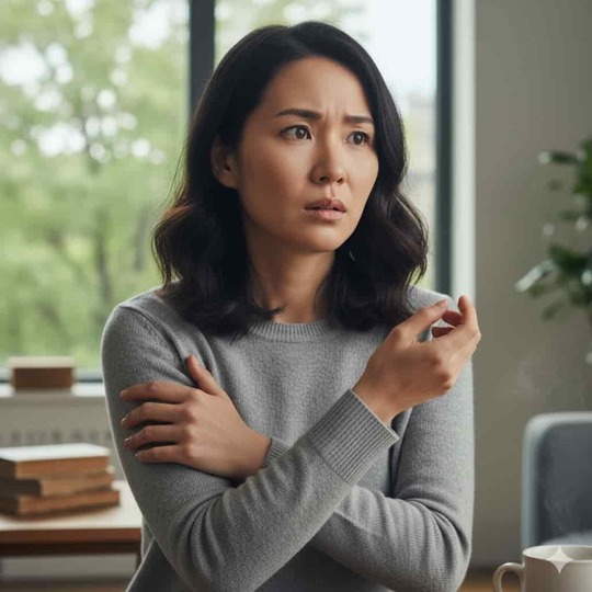 四十肩・五十肩で腕の動かしにくさや違和感を感じ、不安そうな表情で肩に手を添えている女性の写真。 痛みが落ち着いても肩が動かない状態（可動域制限）が残るケースを説明する内容に対応した画像（姫路市の鍼灸整骨院一心堂）。