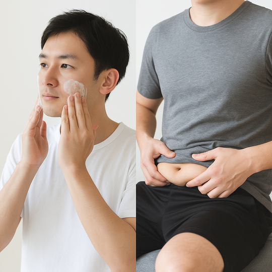 毛穴ケアをする男性と、ウエストラインを気にする男性｜姫路市プレジール」