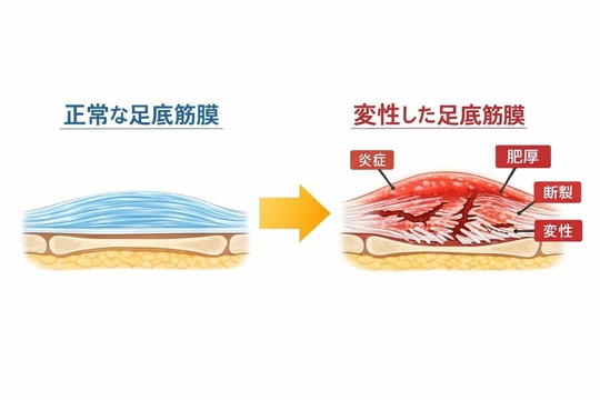 正常な足底筋膜と、負担の蓄積により変性した足底筋膜の比較図