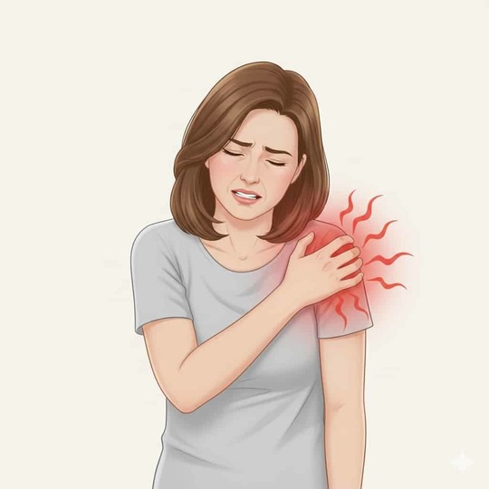 四十肩・五十肩の炎症期に強い痛みを感じる女性のイラスト。 肩の前側を押さえて苦痛の表情をしており、肩関節部に赤い炎症反応を示すような光のエフェクトが描かれている（姫路市の鍼灸整骨院一心堂）。