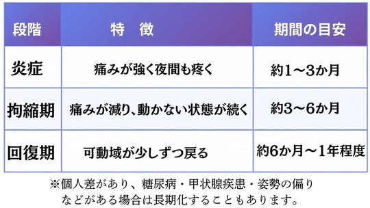 四十肩・五十肩の経過を示す表。炎症期・拘縮期・回復期の3段階に分かれ、各時期の特徴（痛み・可動域制限・回復）と期間の目安（約1〜3か月、約3〜6か月、約6か月〜1年程度）が整理されている（姫路市の鍼灸整骨院一心堂）。
