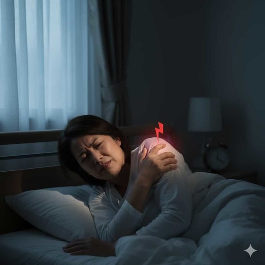 「四十肩・五十肩による夜間痛で眠れず、肩を押さえて痛みに耐える女性（姫路市・鍼灸整骨院一心堂）」