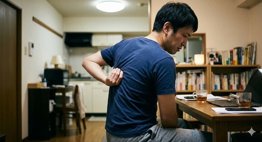 背中の痛みや肩甲骨の内側の痛みで背中を押さえる男性のイメージ