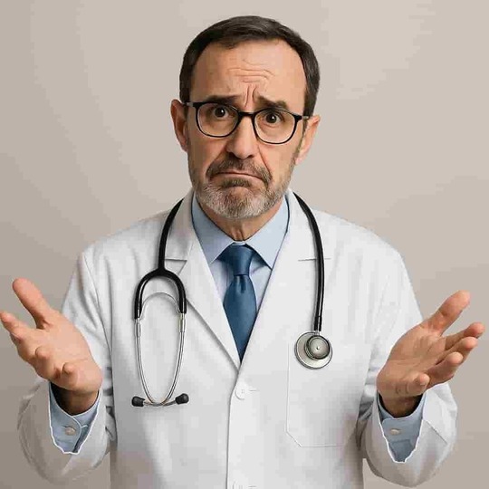 四十肩・五十肩の原因が明確でないことを説明する医師のイメージ写真。原因を断定できず困った表情の医師（姫路市の鍼灸整骨院一心堂）。