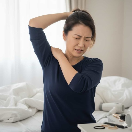 四十肩・五十肩の拘縮期に、髪を結ぶ動作で肩の痛みを感じる女性のイラスト（または写真）。 日常生活で悪化しやすい動作（着替え・洗髪・寝返りなど）を説明する内容に対応した画像（姫路市の鍼灸整骨院一心堂）。