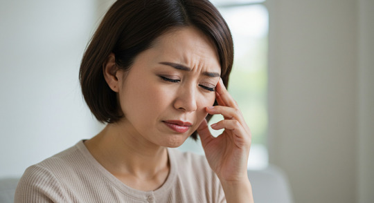 「こめかみを押さえて頭痛に苦しむ女性。眼の周囲から前頭部にかけて痛みや緊張を感じている様子（頭痛のイメージ）」