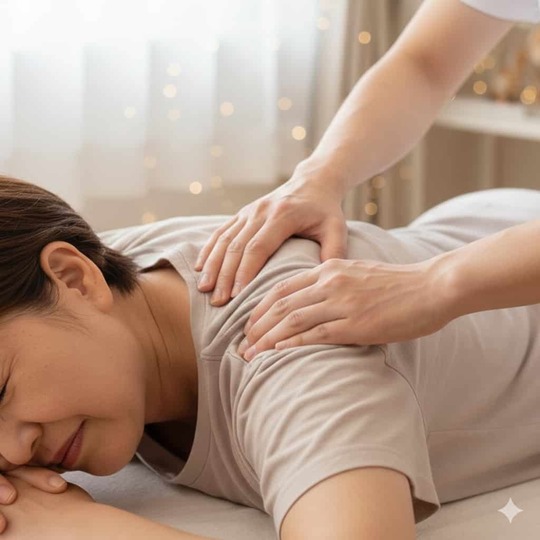 「肩や背中の筋肉を中心にほぐす一般的な施術のイメージ」