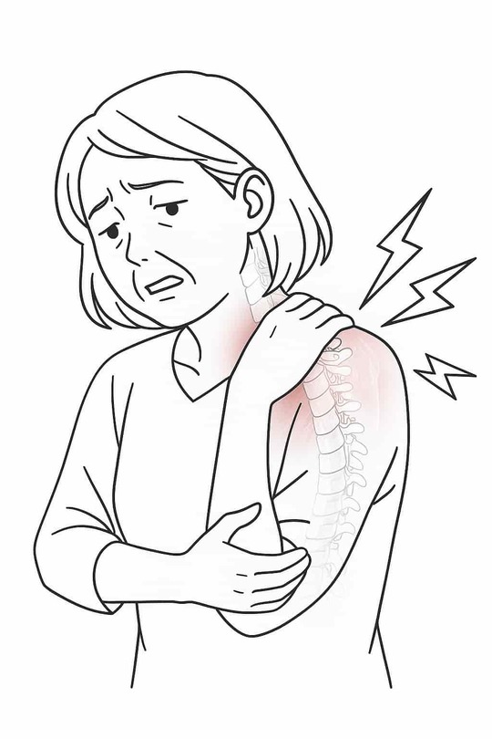 「頚椎症性神経根症を示すイラスト：首の神経圧迫により、肩から腕にかけてしびれと放散痛が生じている女性の様子を表した図（姫路市・鍼灸整骨院一心堂）」